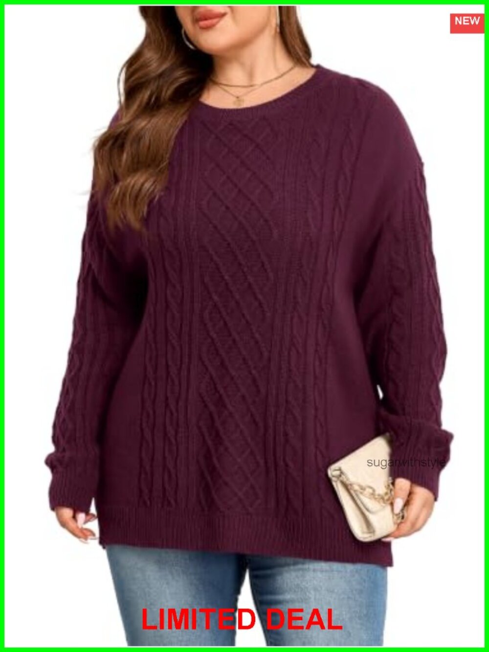 Plus Size Chunky Cable Knit Sweater Crewneck Long Sleeve Pullover Top